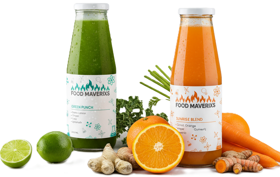 Bottles of fresh juice with ingredients